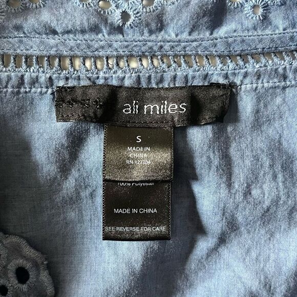 Ali Miles Embroidered Eyelet Tunic Small Cotton Floral Blouse Tie Dye Blue Top - Picture 6 of 9